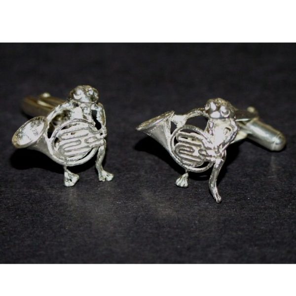 Frog Playing French Horn Silver Cufflinks