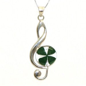 Silver Treble Clef Pendant Four Leaf Clover