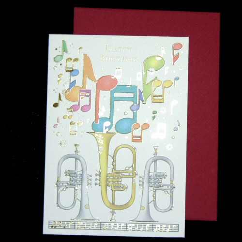 Trumpets and Colourful Music Notes Birthday Card