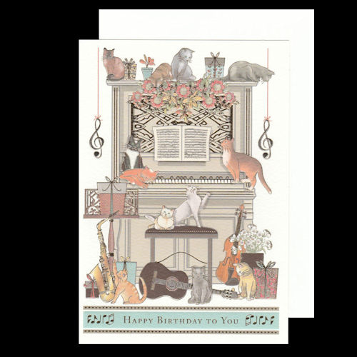 Upright Piano and Cats Birthday Card